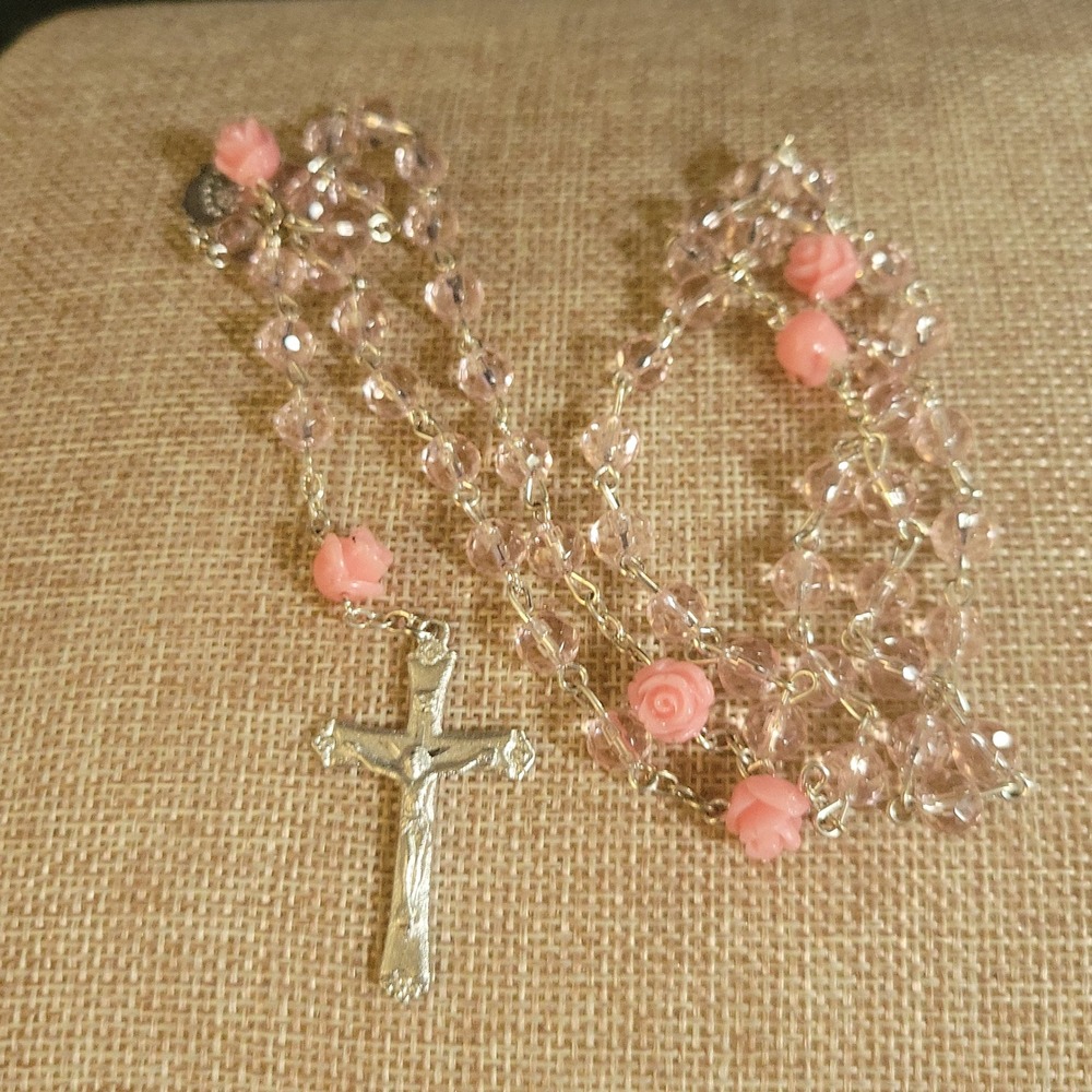Vintage Pink Crystal Glass Rose Bead Rosary Silver Tone Crucifix 28" Cottagecore